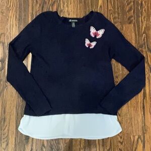 INC International Concepts Navy Sweater with White Hem and Pink Accents